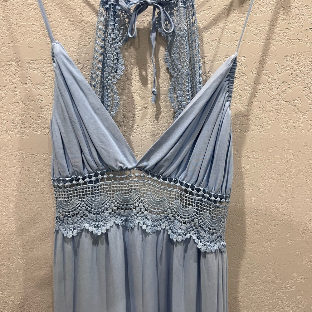 Faded Rose Junior’s Light Blue Halter Dress with Lace Detail